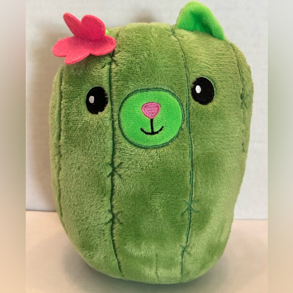 Cuddly Green Cactus Bear Plush with Pink Flower